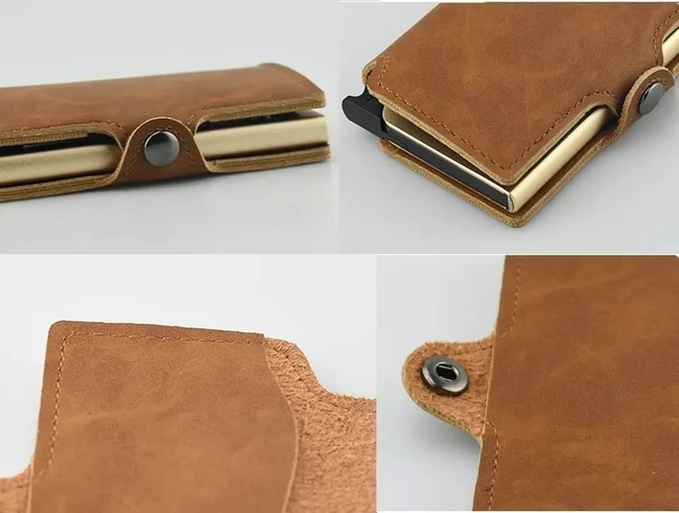 TARJETERO CUERO CON BROCHE Y BOTON RETRACTIL