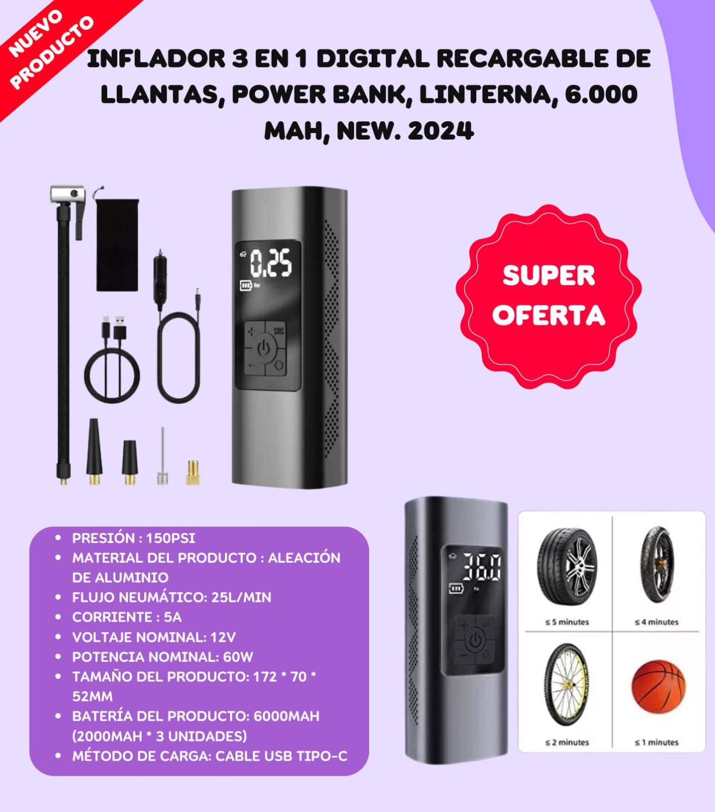 Inflador 3 En 1 Digital Recargable De Llantas, Power Bank, Linterna, 6.000 mAh, col- marke